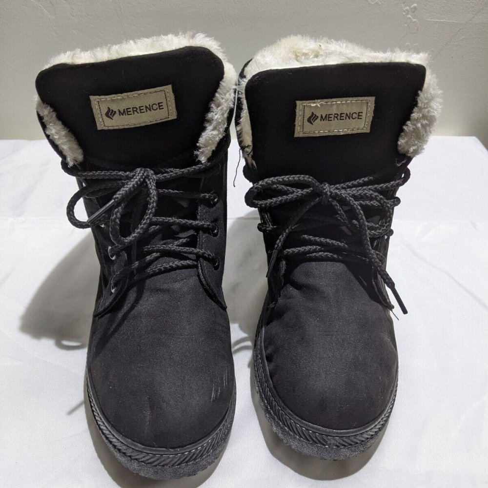 Merence Women's Lace Up Black Boots Faux Suede Faux Fur Lining Size 8.5W/EU 41
